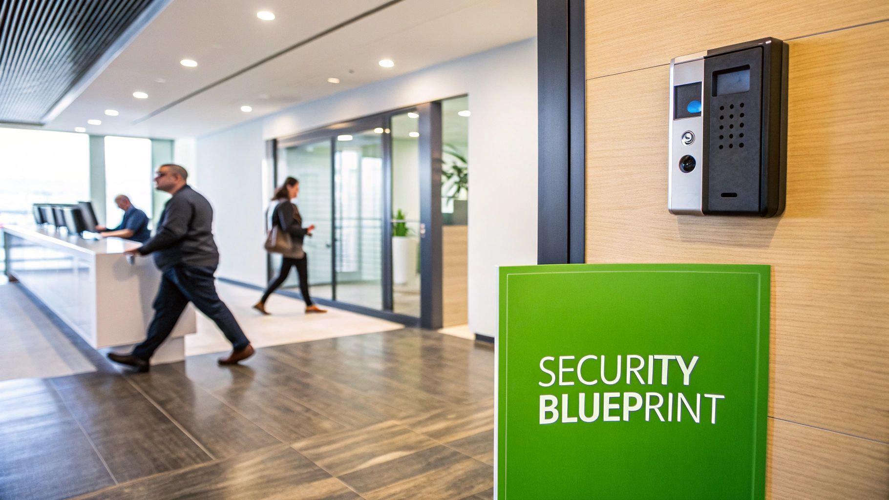 A security blueprint sign and access control device on a wooden wall in a modern office with people walking.