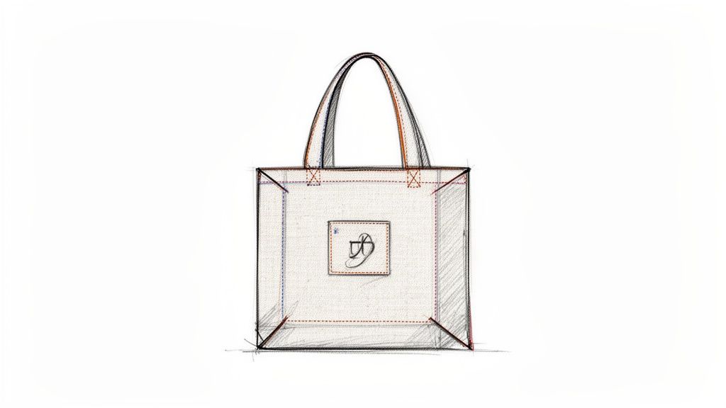 A hand-drawn sketch of a white fabric tote bag with a logo and colored stitching.