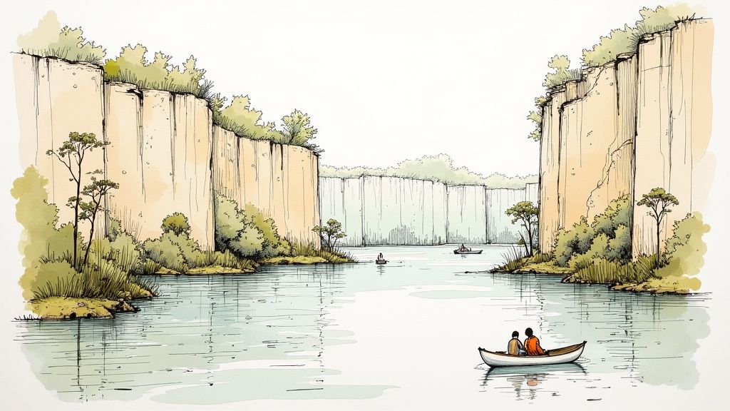 Watercolor sketch of a serene river winding between tall, tree-lined cliffs with small boats.