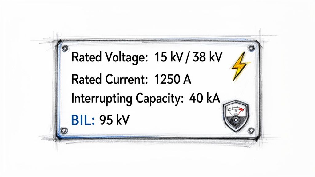 A technical specification sign detailing rated voltage, current, interrupting capacity, and BIL for an electrical device.