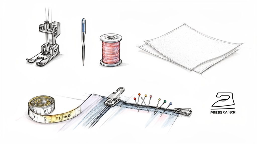 A collection of sewing and tailoring tools, including a presser foot, needle, thread, fabric, tape measure, zipper with pins, and an iron icon.