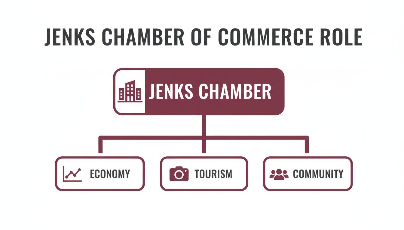 A diagram outlining the Jenks Chamber of Commerce's key roles in economy, tourism, and community.