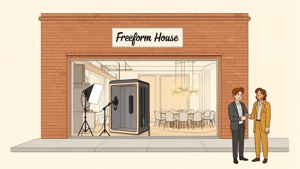 A photograph of the interior of Freeform House, showcasing a modern co-working studio with high-end equipment like a recording booth and professional lighting. Two men are shaking hands, indicating collaboration and community.