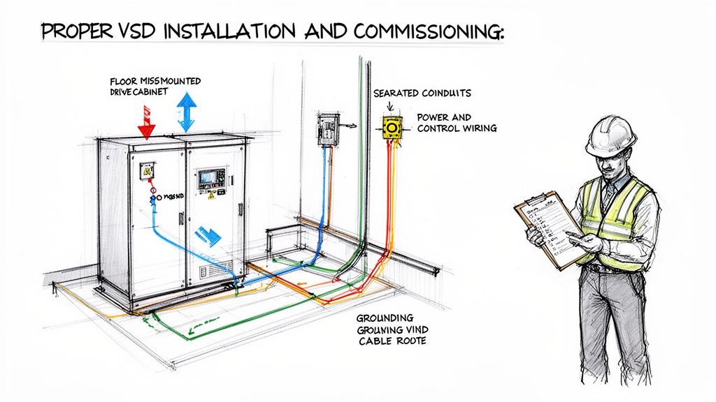 Illustration of proper VSD installation and commissioning, detailing wiring, conduits, grounding, and an engineer inspecting.