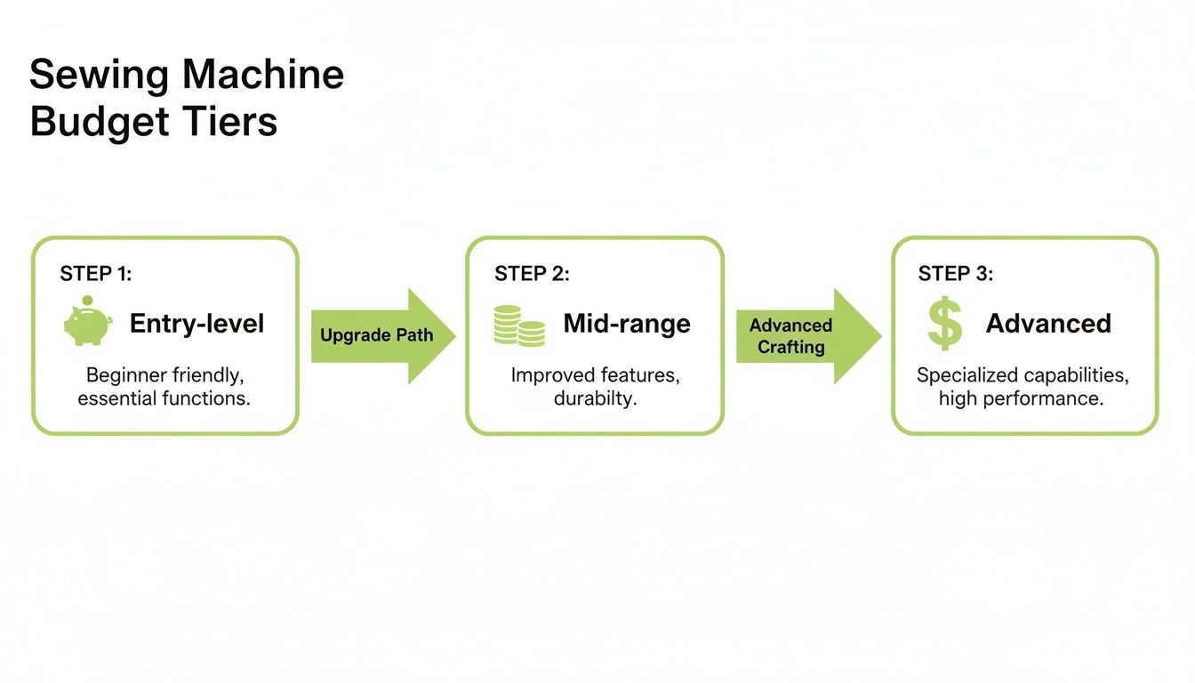 Flowchart showing sewing machine budget tiers: Entry-level, Mid-range, and Advanced categories with descriptions.