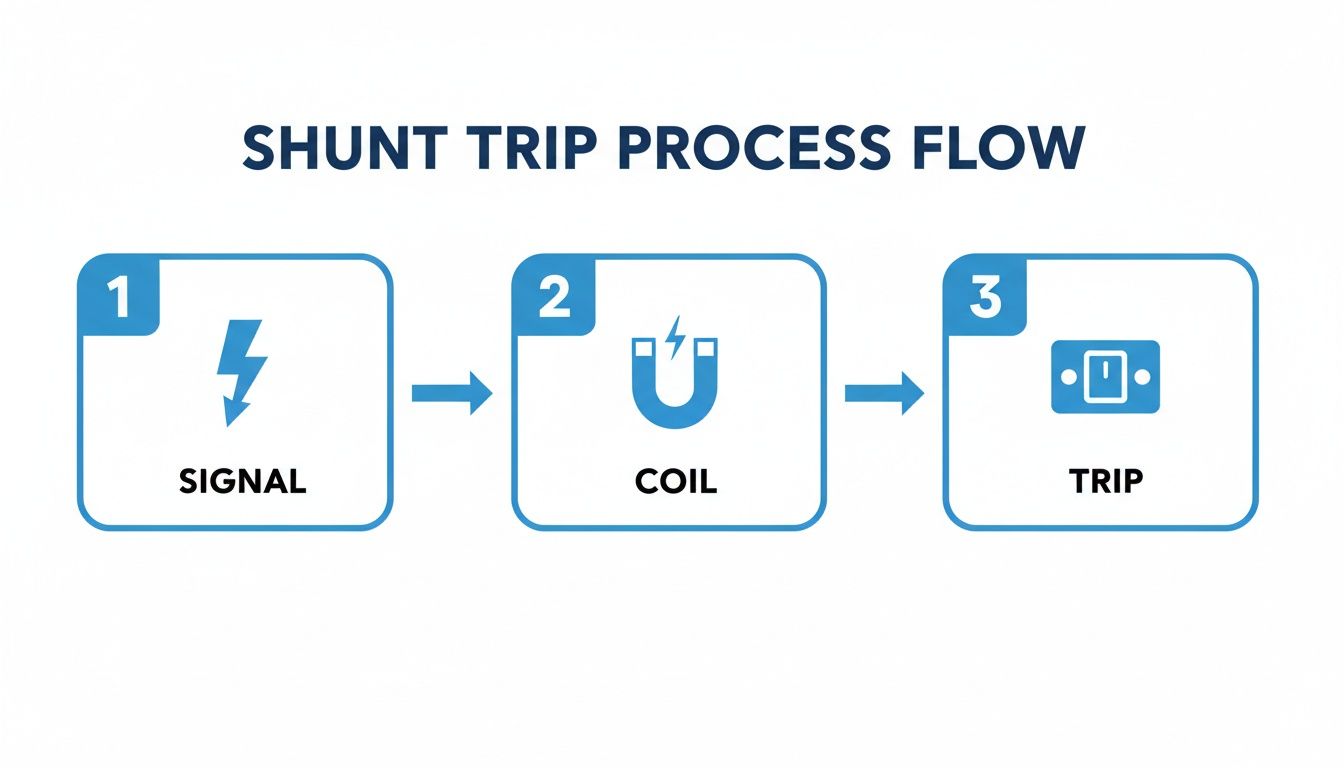 Shunt trip process flow diagram showing three steps: signal, coil activation, and circuit trip.