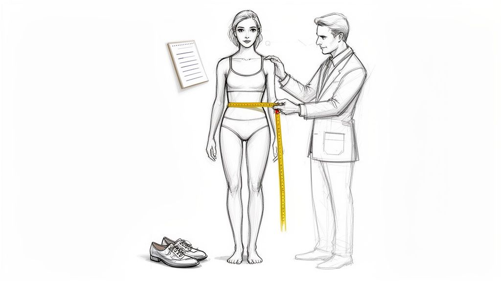 A male tailor measures a woman's waist with a tape measure, with a notepad and shoes nearby.