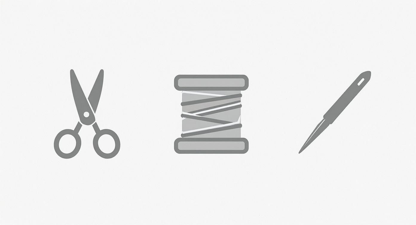 Three essential sewing tools including scissors, thread spool, and needle icon on gray background