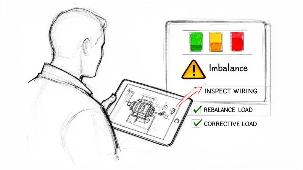 Sketch of a person using a tablet to diagnose an 'Imbalance' issue on a monitoring screen.