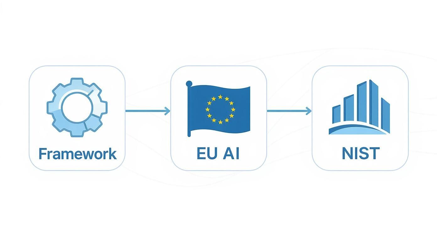 Diagram illustrating the connection between a framework, EU AI, and NIST, shown as a sequential flow.
