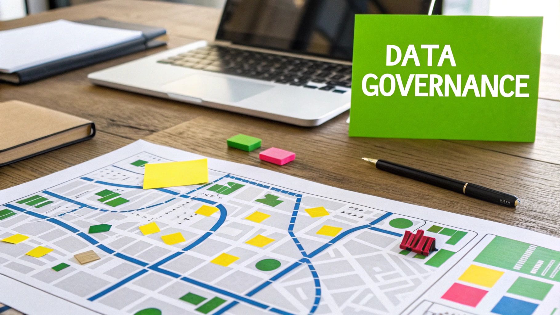 A desk setup with a laptop, a map with markers, and a prominent green sign saying "DATA GOVERNANCE".