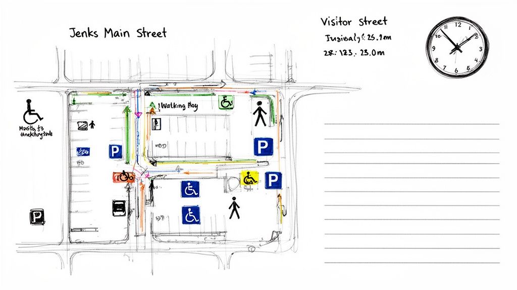 Detailed sketch map of Jenks Main Street parking lot, showing pedestrian routes and accessible spots.