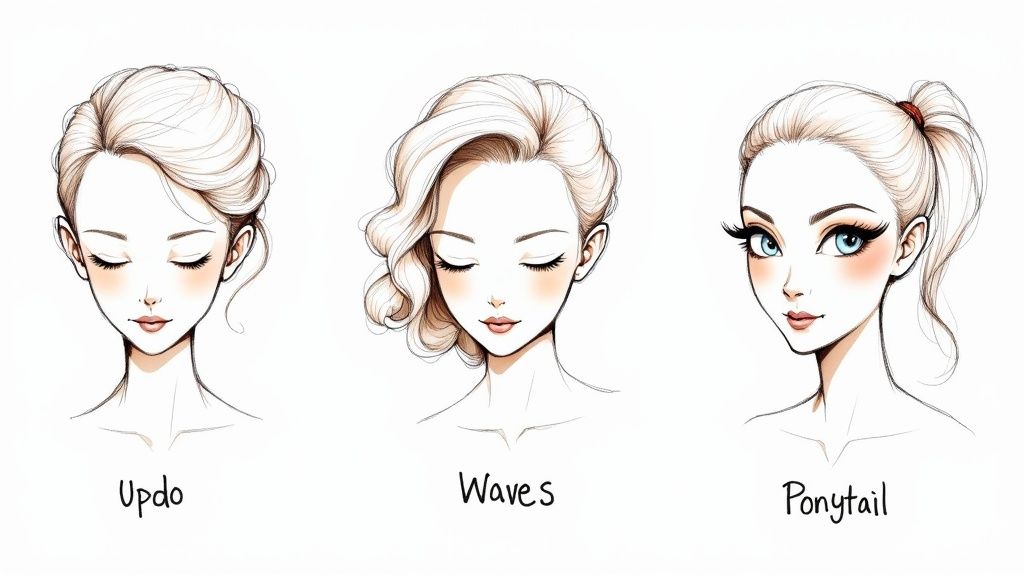 Three illustrations of women demonstrating different elegant hairstyles: updo, waves, and ponytail.