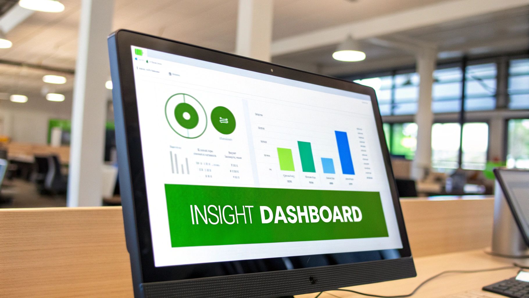 Business analytics insight dashboard displaying colorful charts and performance metrics on computer screen in modern office