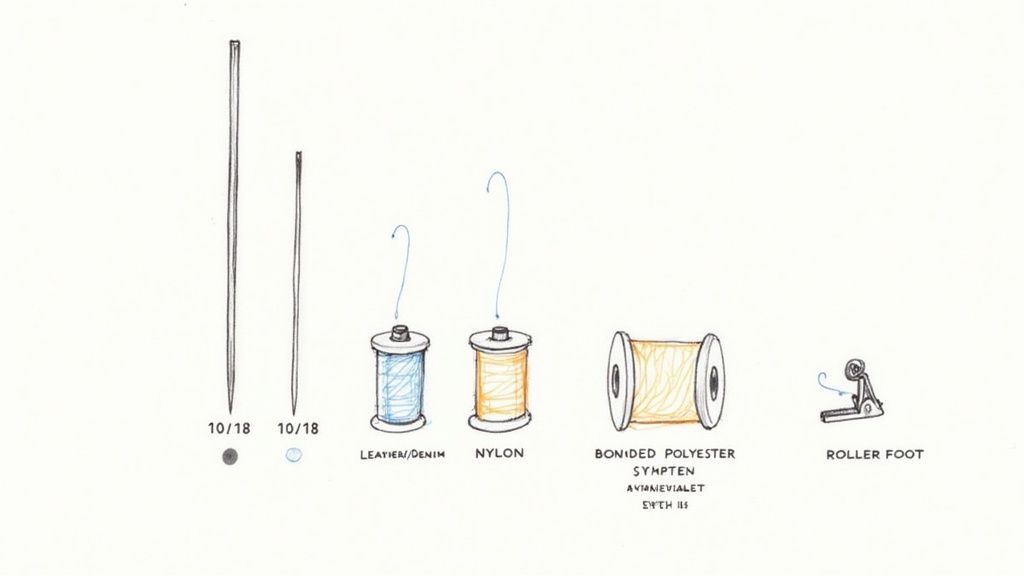 Sewing tools illustration: two 10/18 needles, spools of leather/denim, nylon, and bonded polyester thread, plus a roller foot.