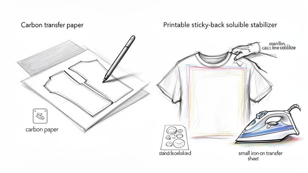 Diagram showing two methods for transferring embroidery patterns: carbon paper and iron-on stabilizer.
