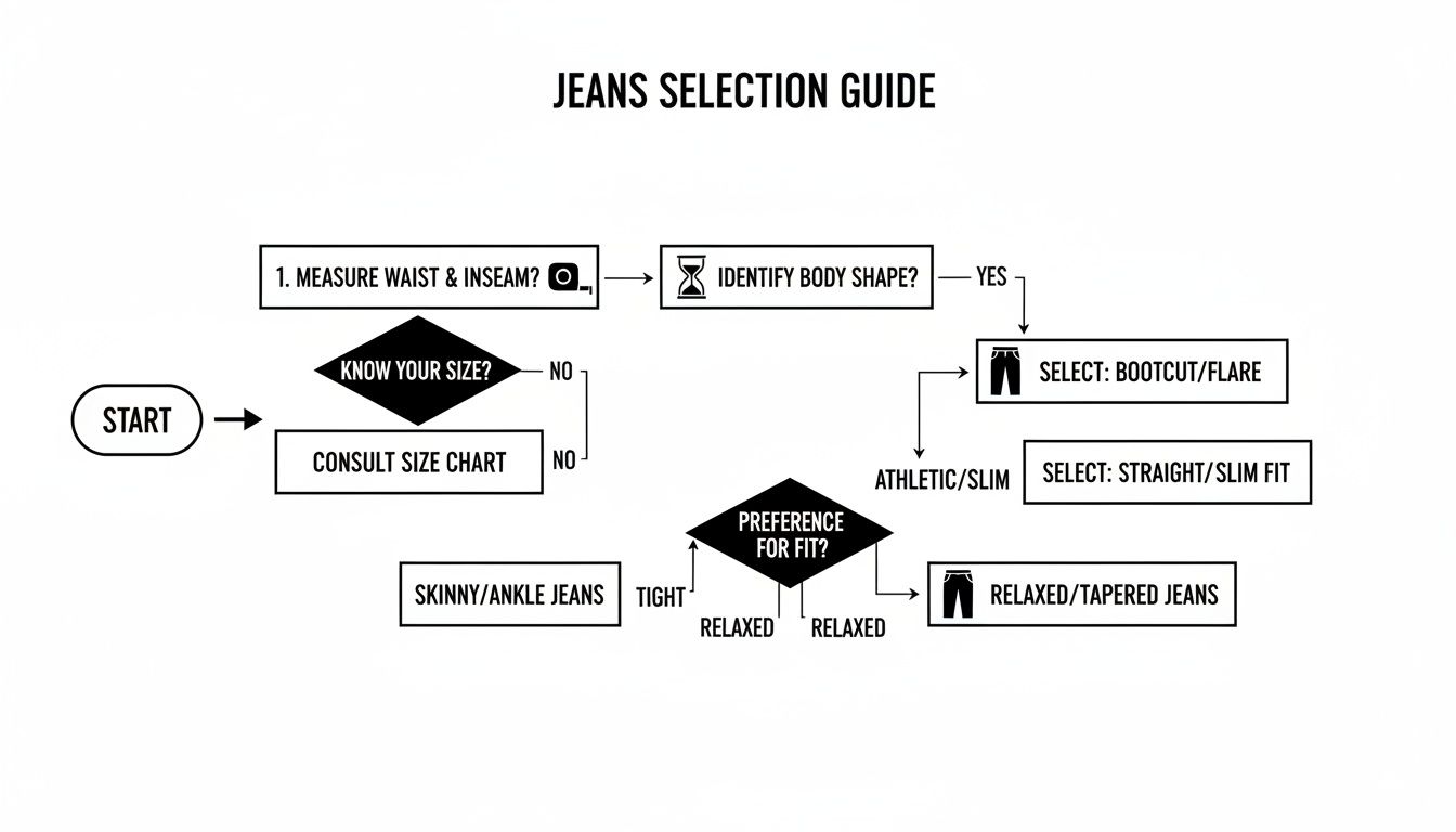 A flowchart guiding users to select jeans based on measurements, body shape, and fit preference.