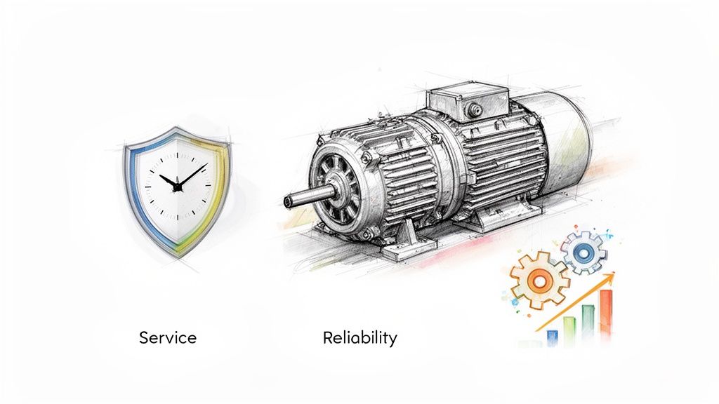 Illustrative sketch of an electric motor, representing service with a shield-clock and reliability with gears and a growth chart.