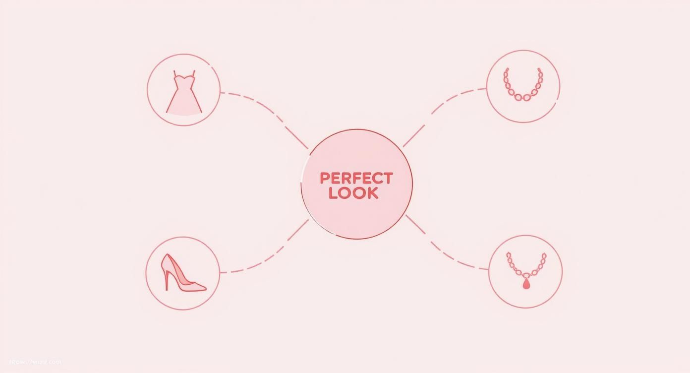 Infographic illustrating a perfect look with a dress, high heels, and various jewelry.
