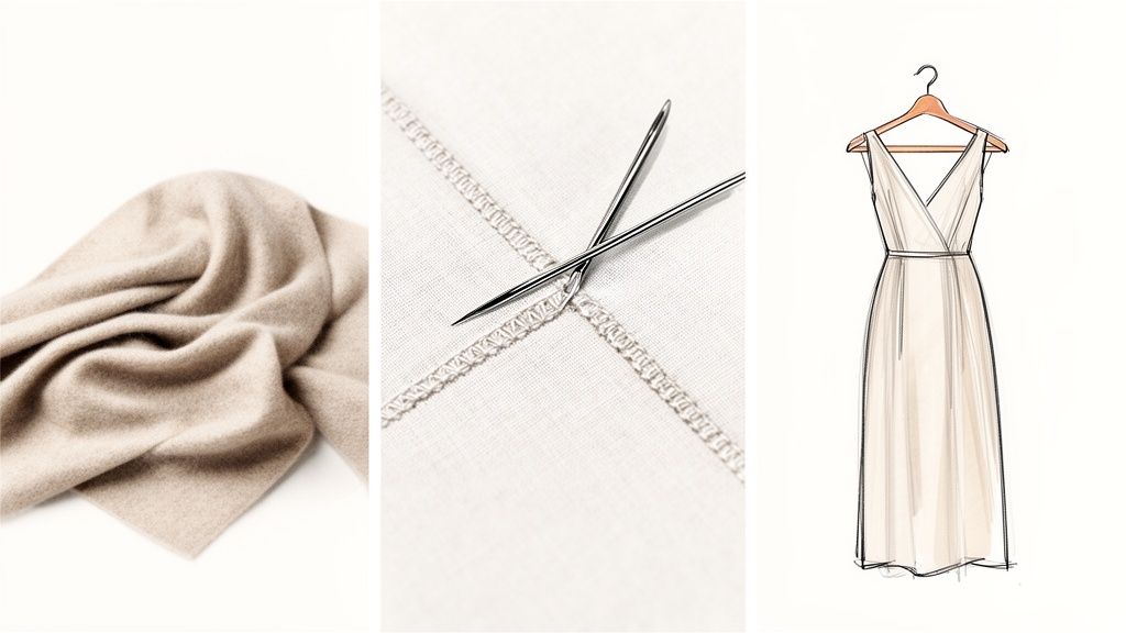 Soft beige fabric, sewing needles on cloth, and a sketch of an elegant wrap dress.