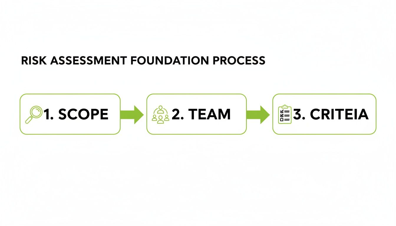 A diagram illustrating the three-step risk assessment foundation process: 1. Scope, 2. Team, and 3. Criteria.