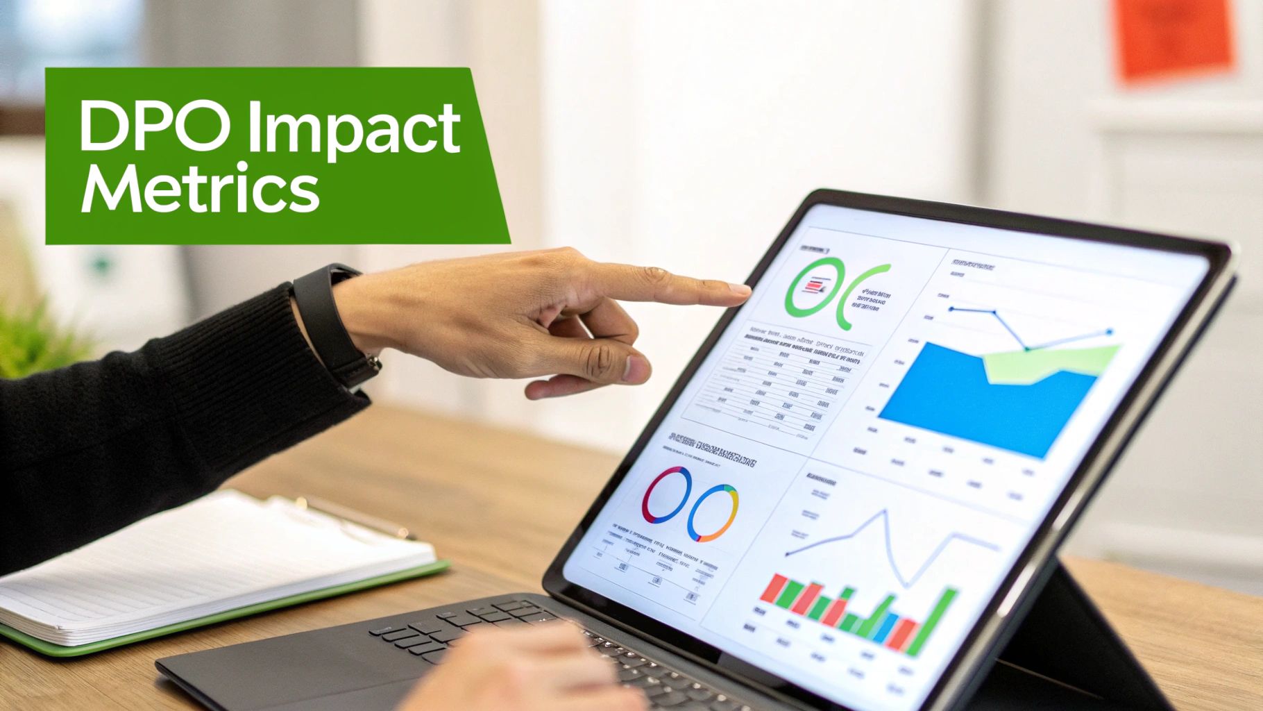 Person's hands pointing at a tablet displaying DPO impact metrics and various data dashboards.