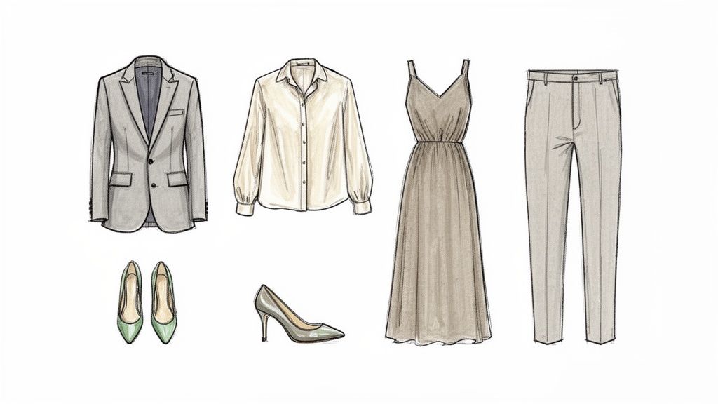 Stylish women's fashion items including a blazer, shirt, dress, pants, and heels.