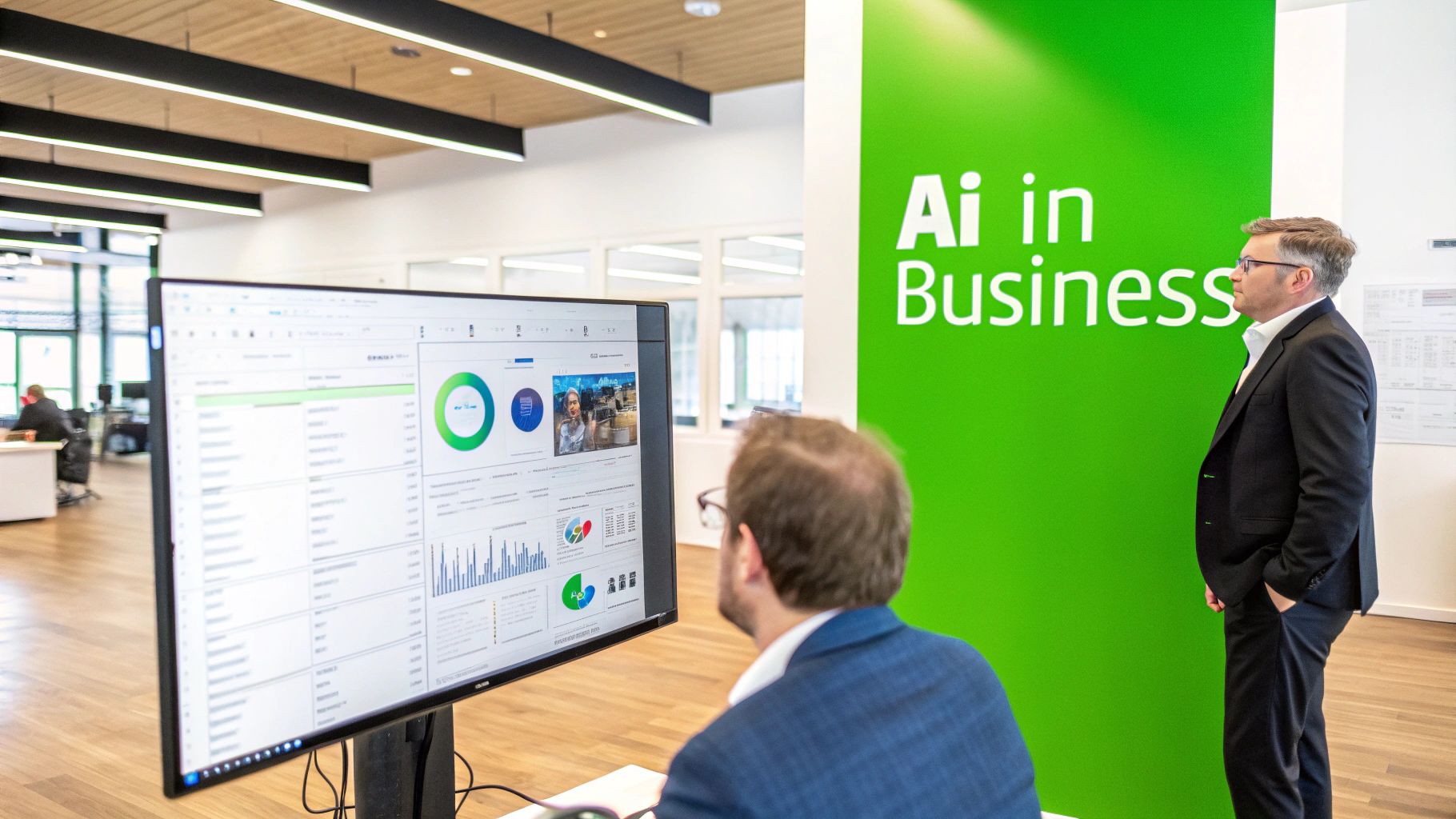 Business professionals collaborating on a workflow diagram with AI icons, symbolizing the integration of artificial intelligence into business automation processes.