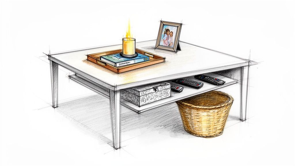 Illustration of a styled coffee table with books, candle, photo frame, remotes, box, and basket.