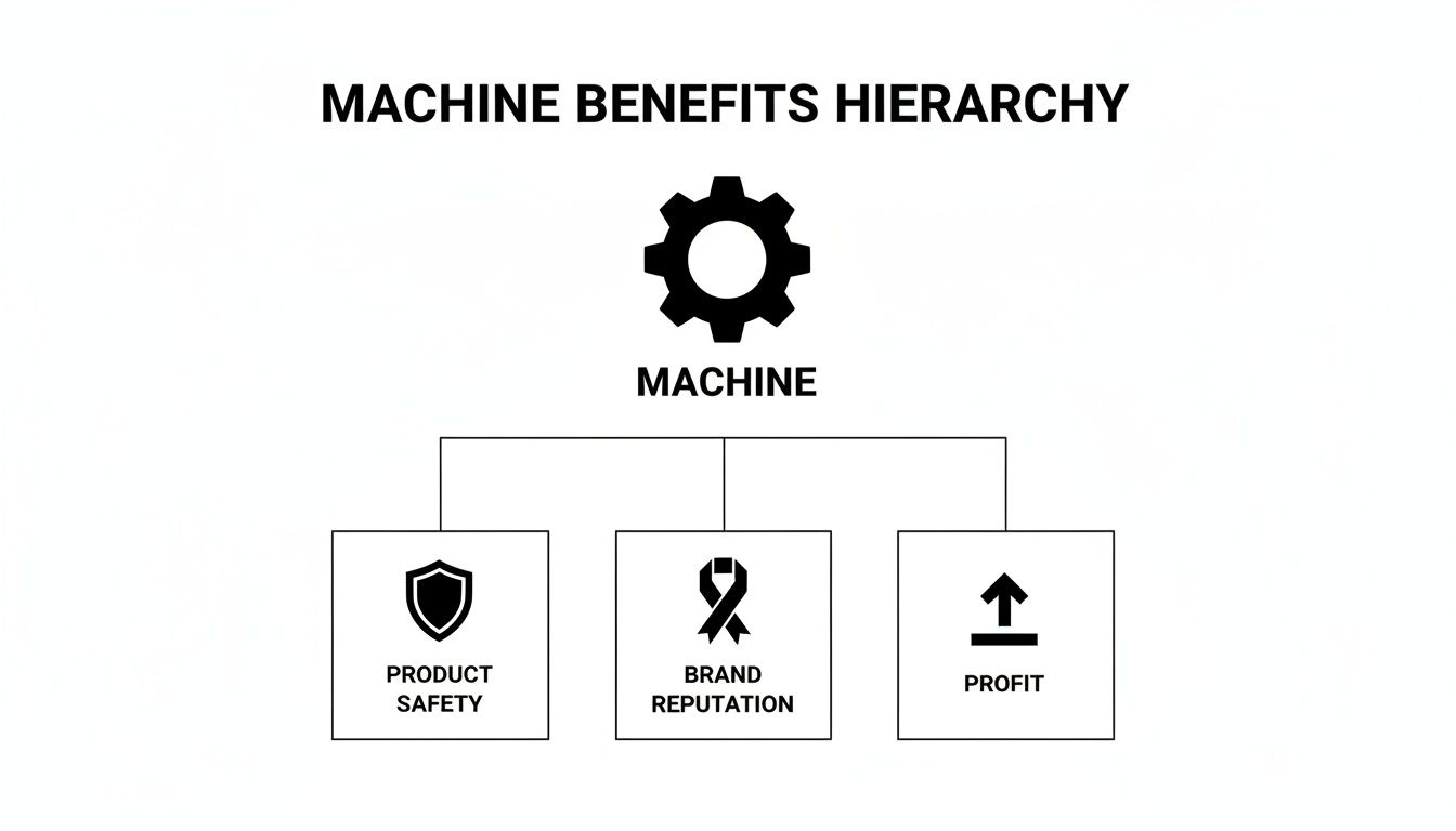 A diagram illustrates a machine benefits hierarchy, showing product safety, brand reputation, and profit as key outcomes.