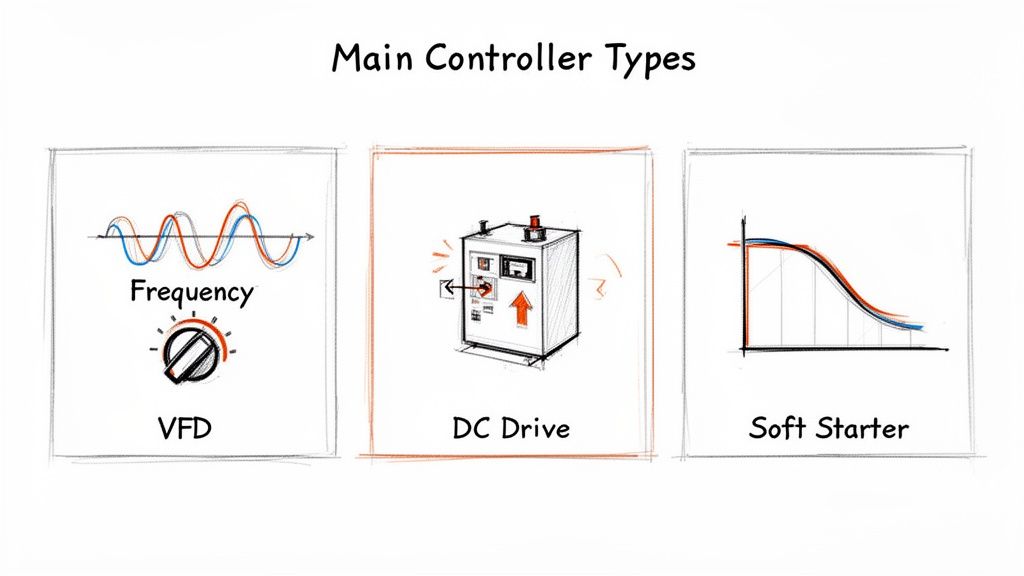 Illustrations of Main Controller Types: VFD, DC Drive, and Soft Starter, demonstrating their functions.