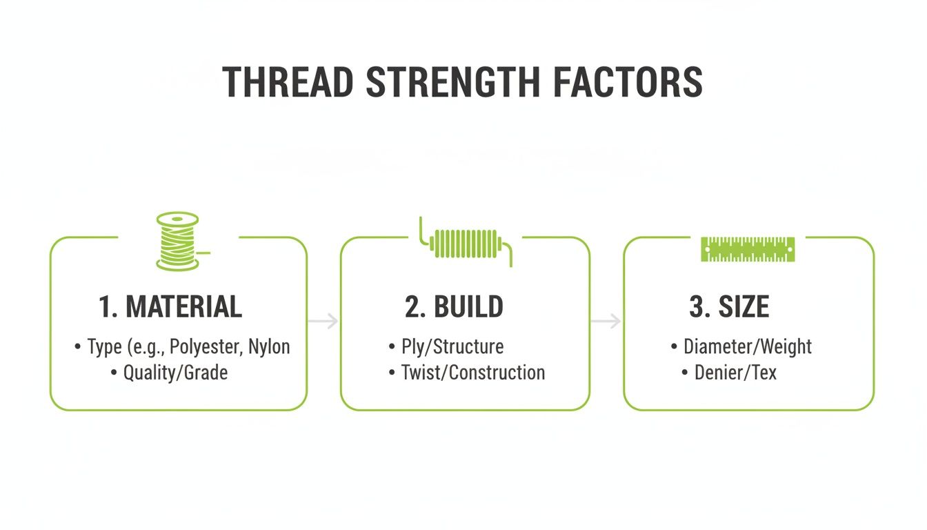 Infographic detailing thread strength factors: material type and quality, build (ply/structure, twist), and size (diameter, denier/tex).