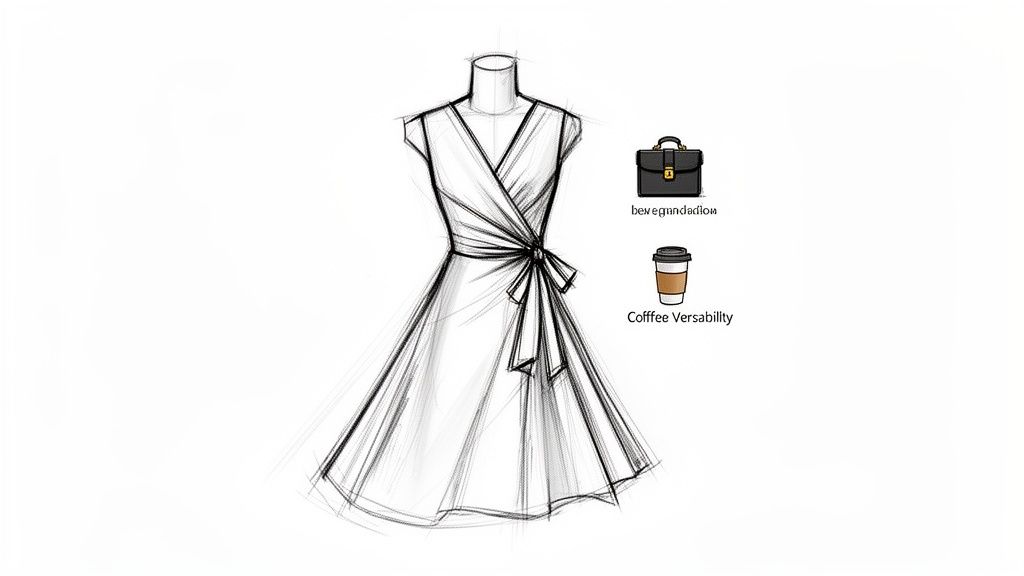 Sketch of a wrap dress on a mannequin, symbolizing versatility for work and casual wear.