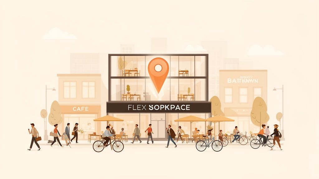 An illustration of a vibrant city street with a modern flex workspace building, people, and cafes.