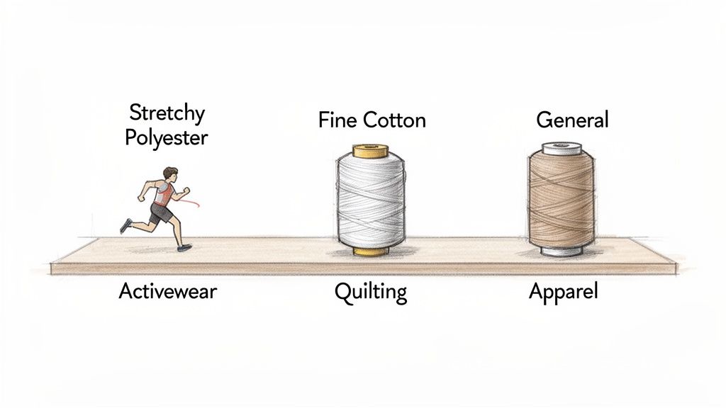 Illustration comparing three types of sewing threads: stretchy polyester for activewear, fine cotton for quilting, and general for apparel.