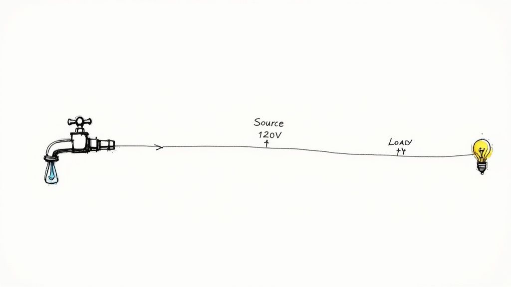 A hand-drawn diagram showing a water faucet as an electrical source and a lightbulb as a load.