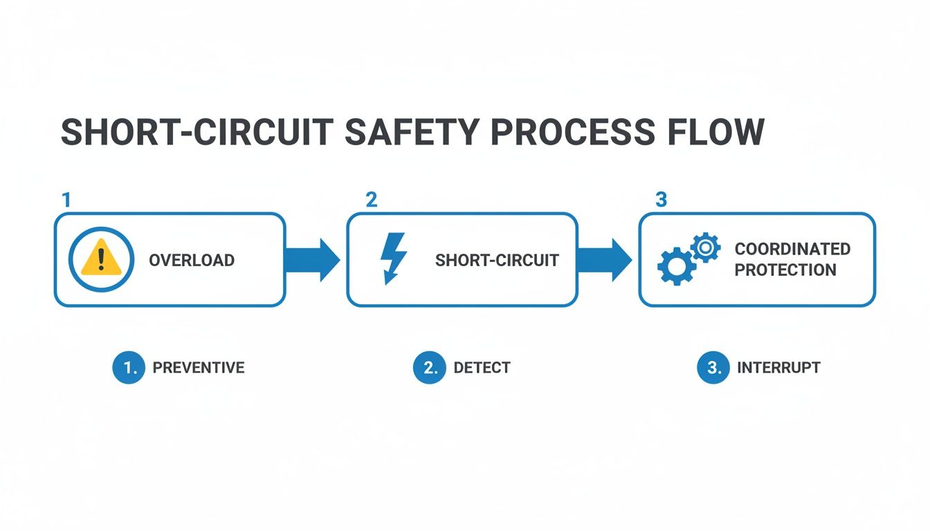 Flowchart illustrating the short-circuit safety process: Overload (Preventive), Short-Circuit (Detect), and Coordinated Protection (Interrupt).