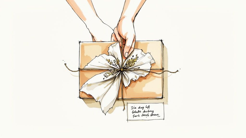 Hands tying a rustic bow with greenery on a brown paper gift box, next to a handwritten note.