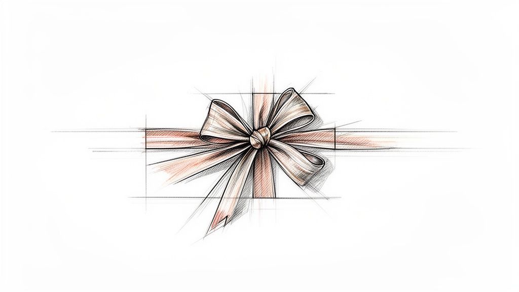An elegant hand-drawn sketch of a beige gift bow and ribbon with construction lines.
