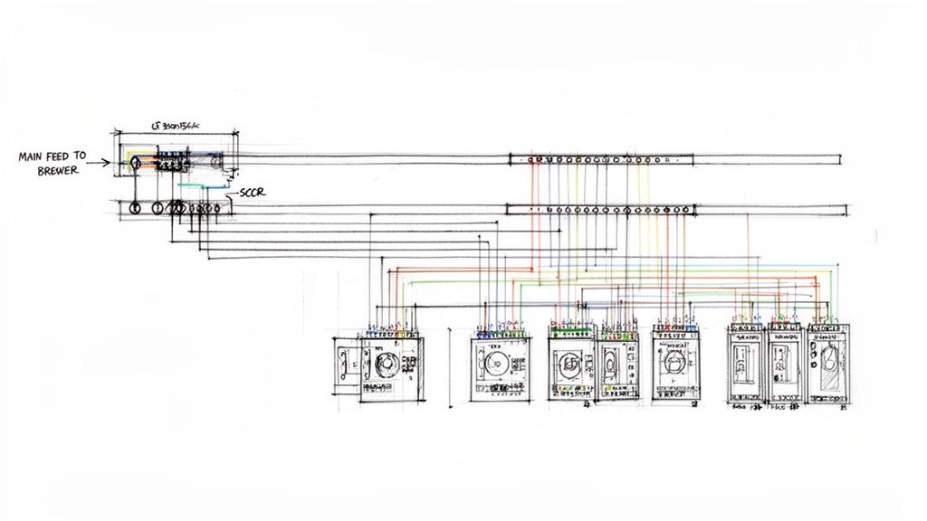 Hand-drawn electrical wiring diagram showing a main feed connecting to multiple control modules via a bus bar.