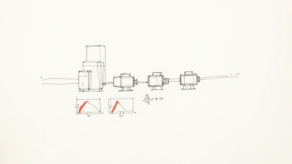 Hand-drawn schematic of a linear industrial system with interconnected units and small red-highlighted graphs.