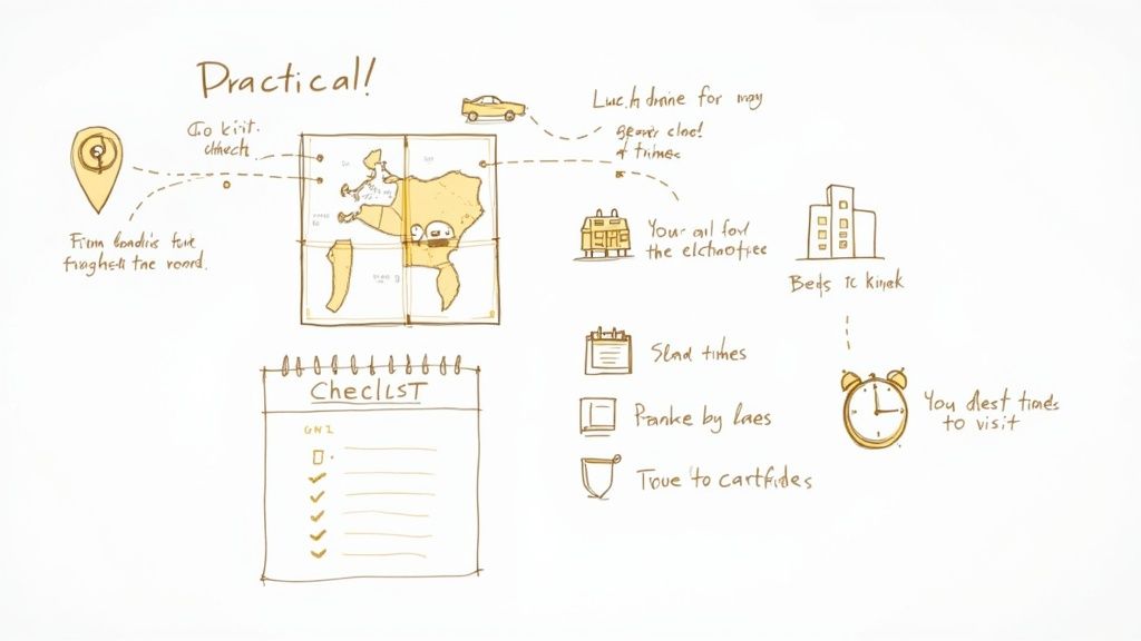 A hand-drawn practical guide showing a map, checklist, travel icons, and handwritten notes.