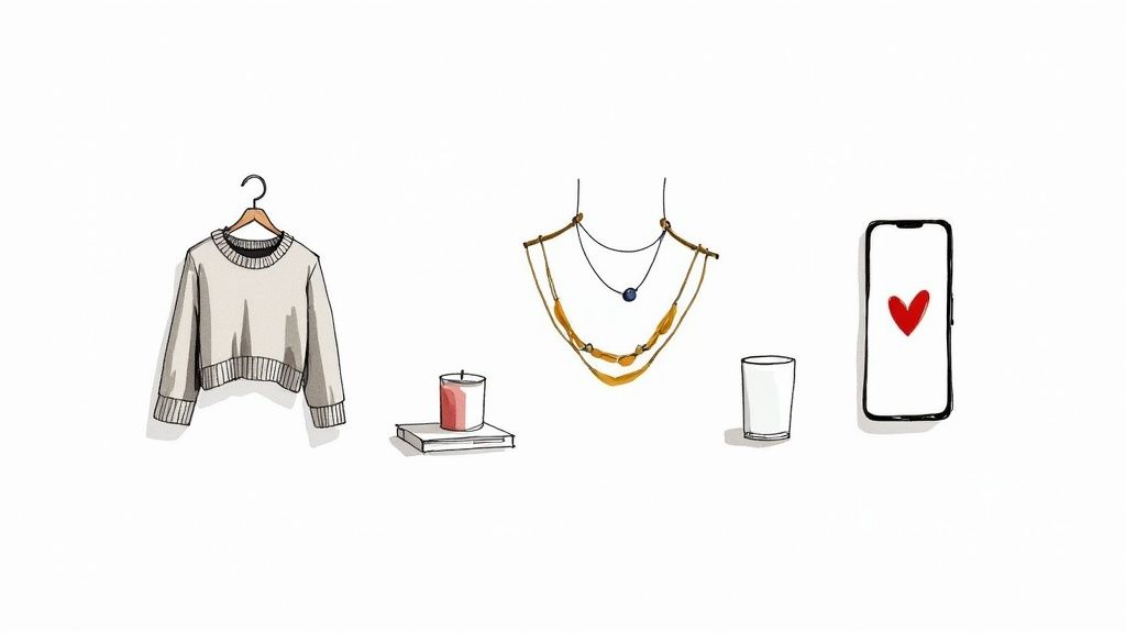 Stylish women's gift collection featuring cozy sweater, jewelry, candle, glass tumbler and phone with heart