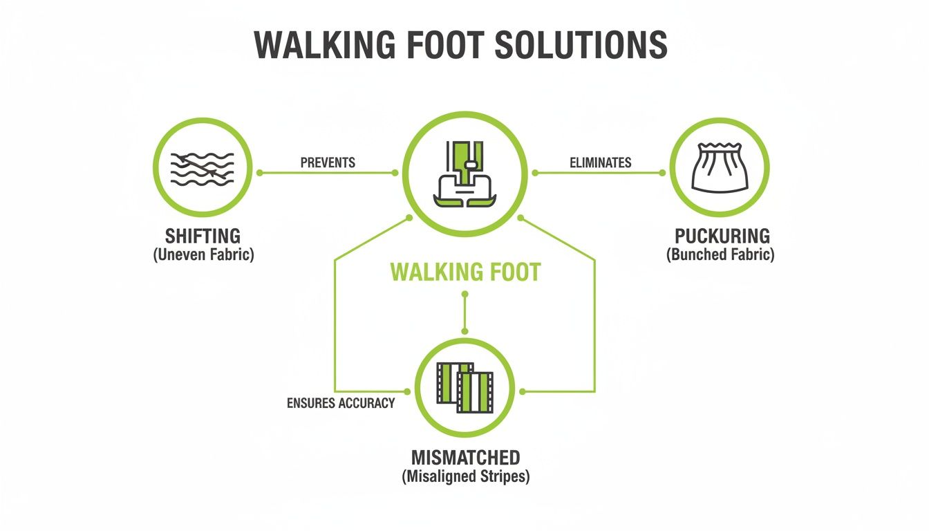 Diagram showing how a walking foot prevents shifting, eliminates puckering, and ensures accuracy for misaligned fabric.