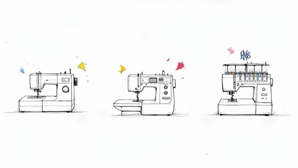 A sewing machine in action, stitching a detailed floral pattern onto a piece of fabric.