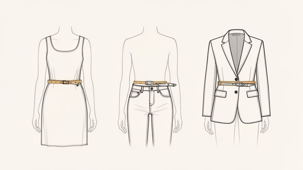 Illustrations showing how to measure for belt size on a dress, jeans, and blazer.