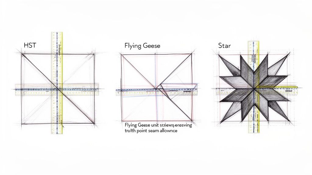 Three quilting diagrams: HST, Flying Geese, and Star block patterns, with rulers demonstrating squaring up.