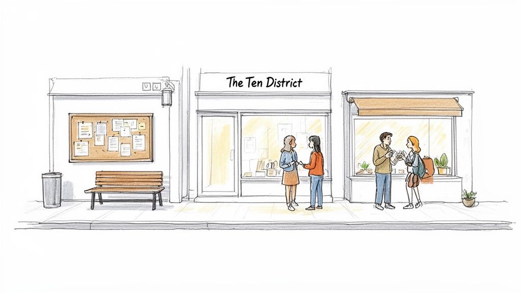 An illustration of a lively street scene featuring three storefronts, a bench, and people conversing.