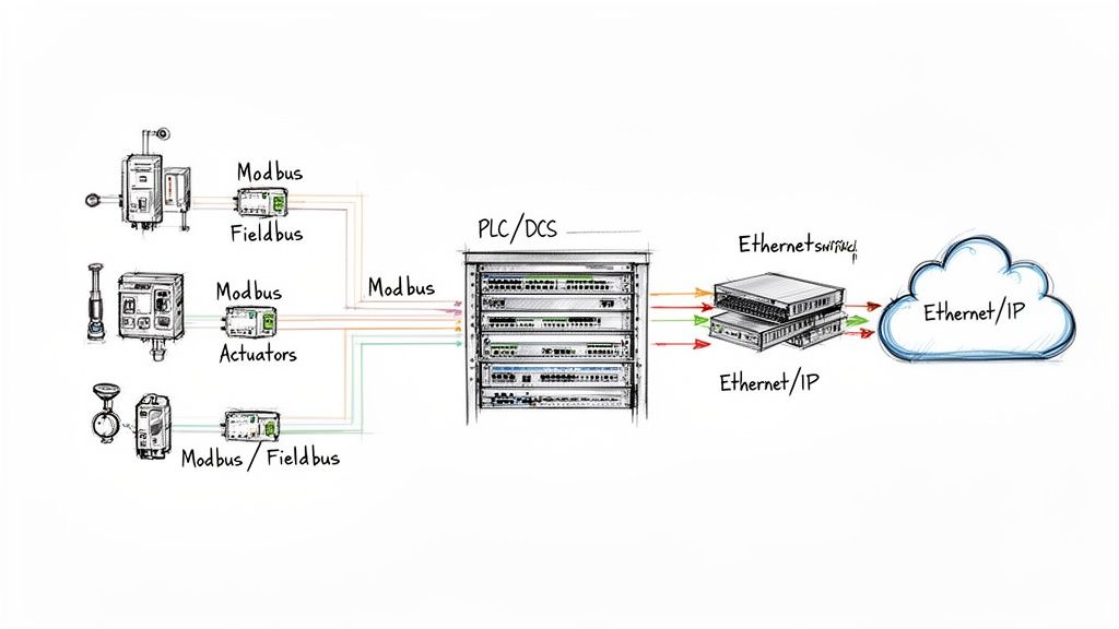 Industrial automation network diagram detailing Modbus field devices, PLC/DCS, and Ethernet/IP integration.
