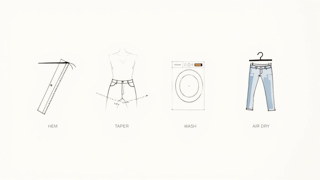 Four illustrations showing steps for jeans alteration and care: hem, taper, wash, and air dry.